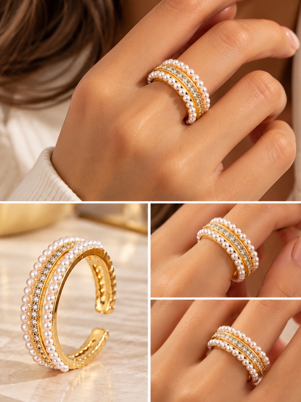 18K Gold Pearl & Crystal Pavé Ring Band Engagement Luxury Statement Bohemian